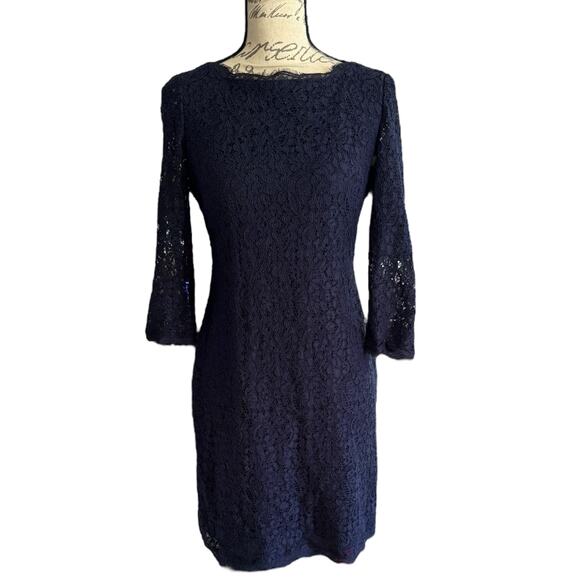 Adrianna Papell Blue Semi Formal 3/4 Sleeve Lace Sheath Dress Size 10P - Picture 1 of 6